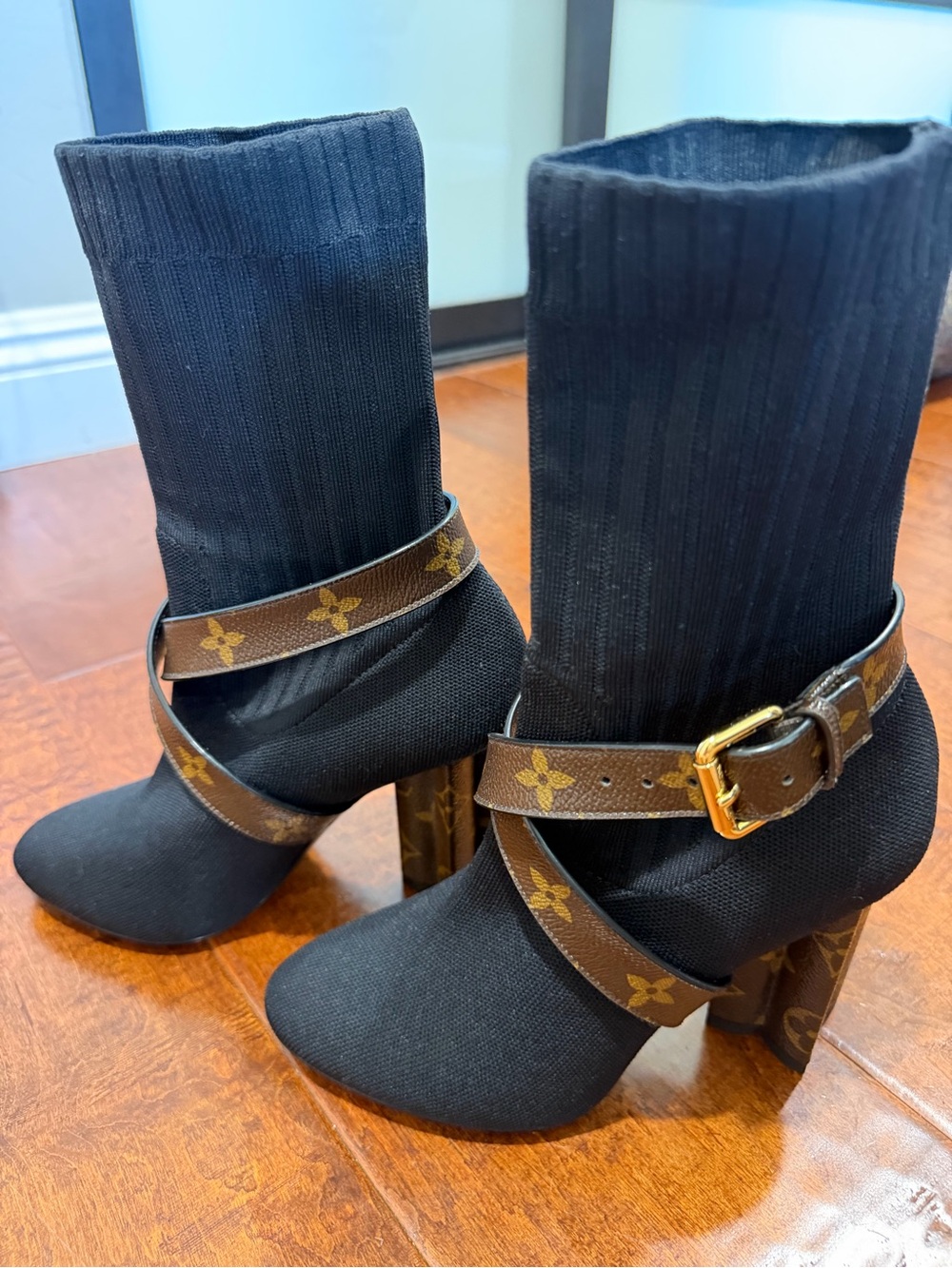 Louis Vuitton Black Mesh Heel with Brown Monogram Strap and Gold Buckle